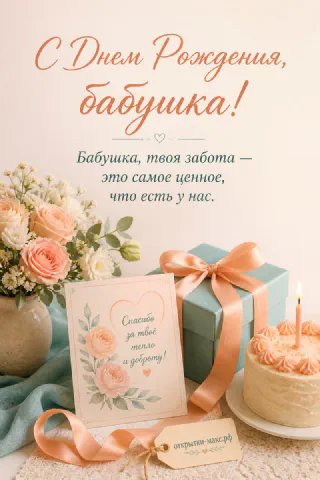 Букет персиковых роз, голубая подарочная коробка и торт на кремовом фоне — открытка бабушке