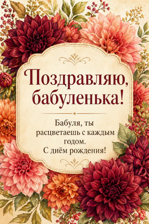 Пышные бордовые и персиковые георгины на кремовом фоне с текстом