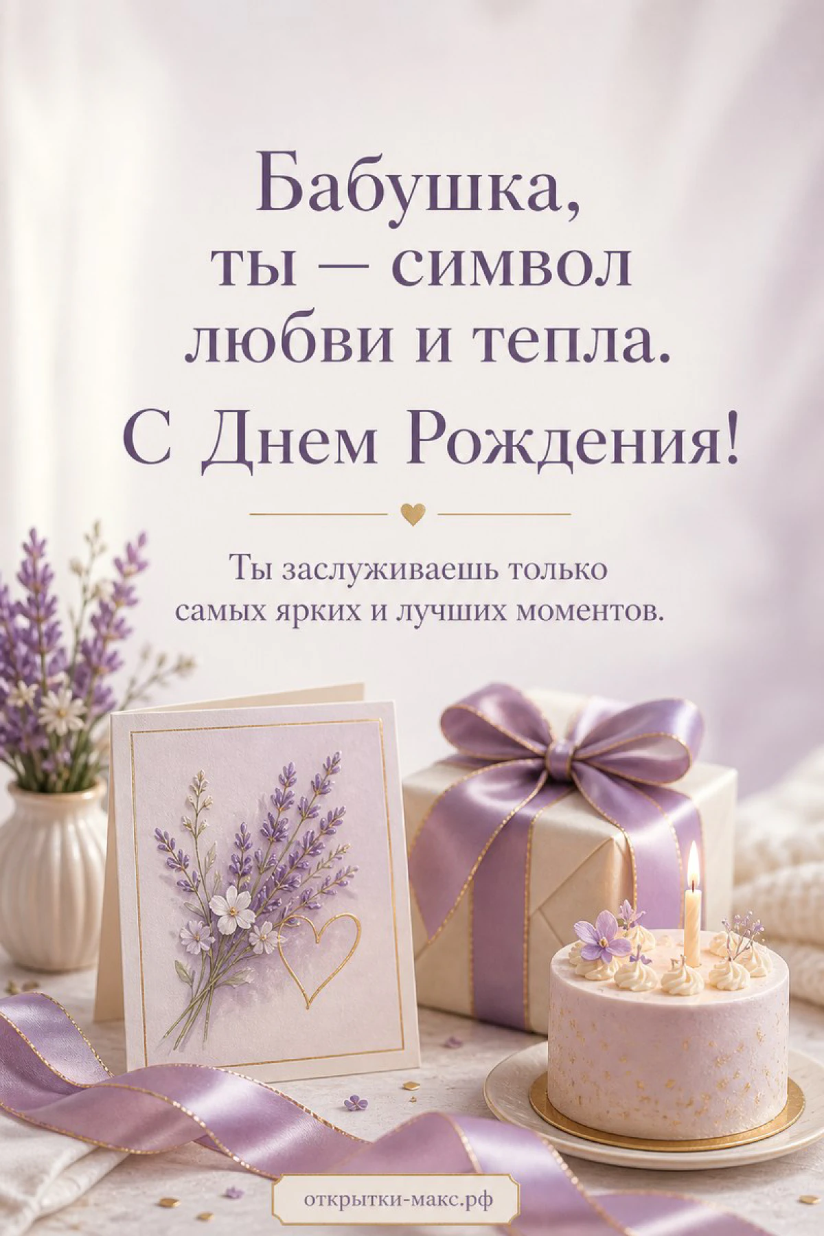Лавандовый торт со свечой и подарок в фиолетовой ленте рядом с карточкой — открытка бабушке