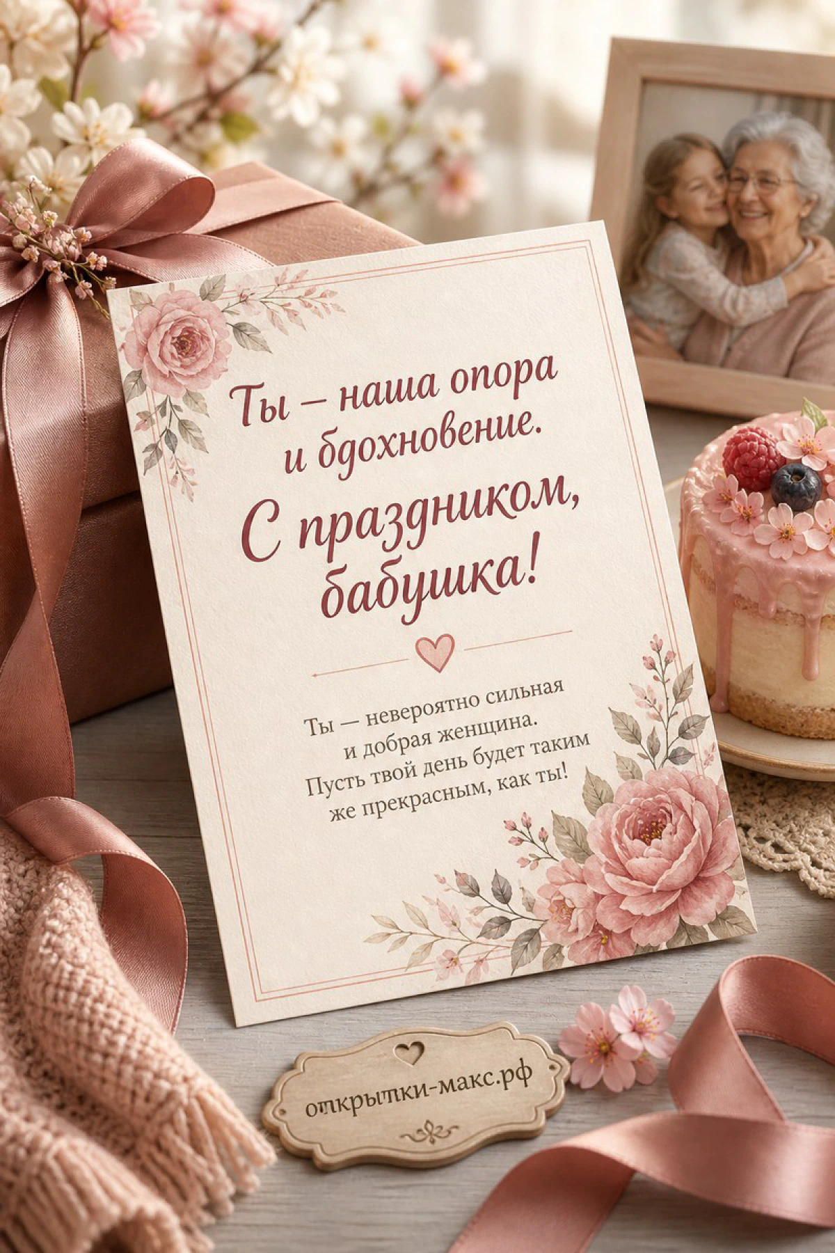 Открытка с розами и розовым тортом рядом с подарком в розовой ленте — поздравление бабушке на день рождения