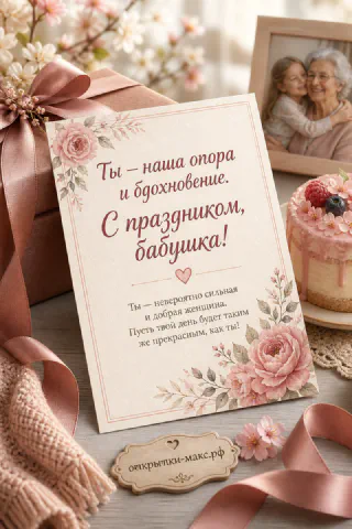 Открытка с розами и розовым тортом рядом с подарком в розовой ленте — поздравление бабушке на день рождения