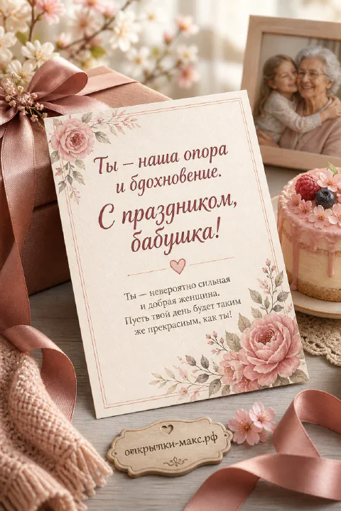 Открытка с розами и розовым тортом рядом с подарком в розовой ленте — поздравление бабушке на день рождения