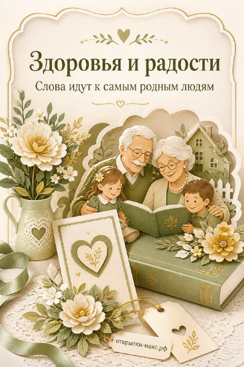 Бабушка и дедушка читают книгу с двумя внуками, вокруг белые и жёлтые цветы — семейная открытка