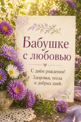 Сиреневые и белые астры в горшке рядом с открыткой на деревянном столе
