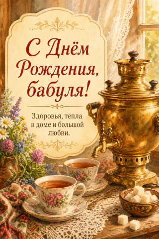 Золотой самовар, фарфоровые чашки с чаем и полевые цветы на кружевной скатерти
