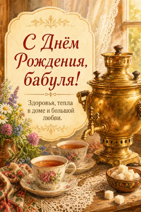 Золотой самовар, фарфоровые чашки с чаем и полевые цветы на кружевной скатерти