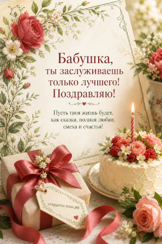 Торт с розами и подарок с красной лентой на фоне цветочного орнамента — открытка бабушке