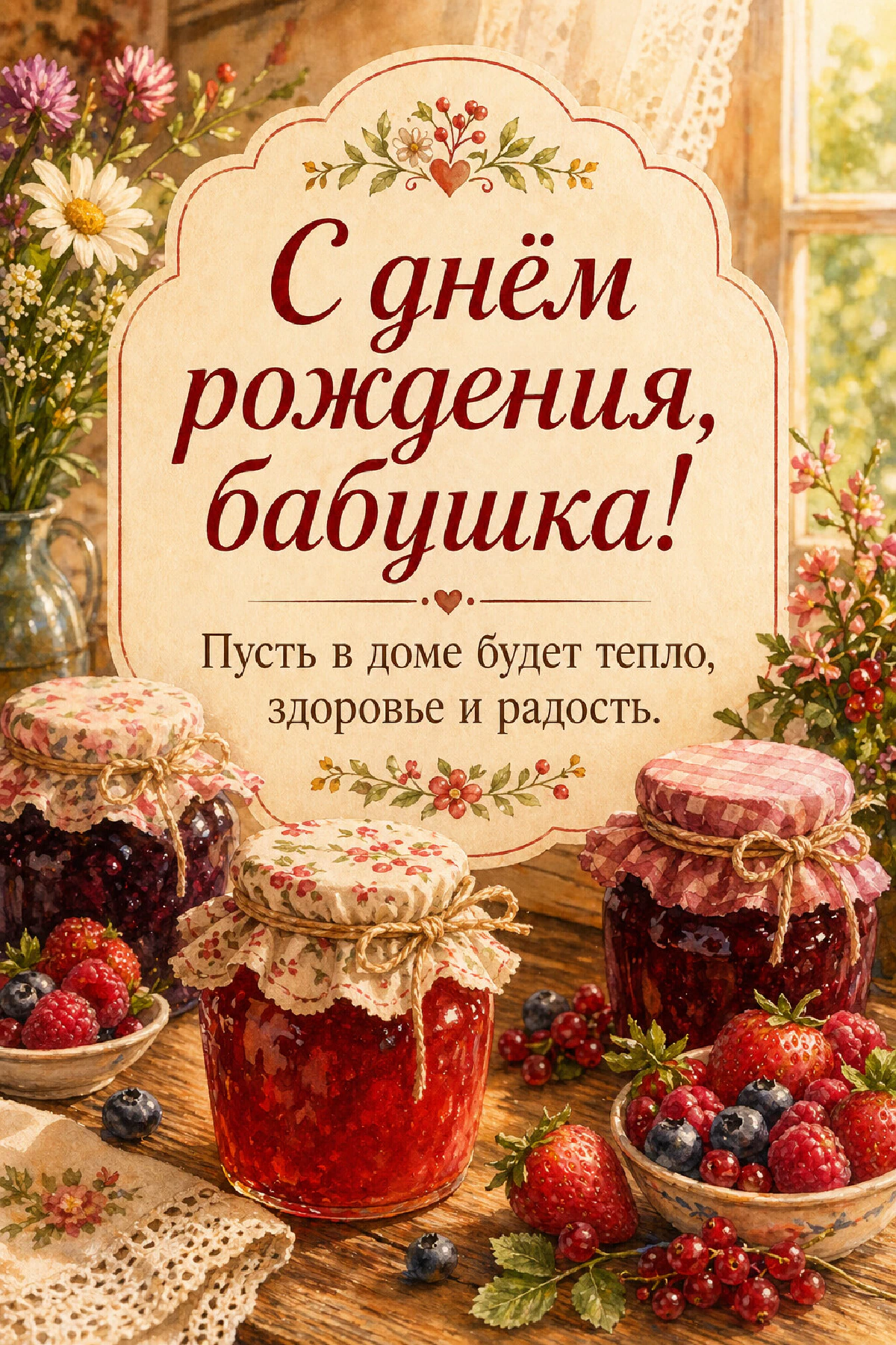 Три банки домашнего варенья с ягодами клубники, черники и малины на столе