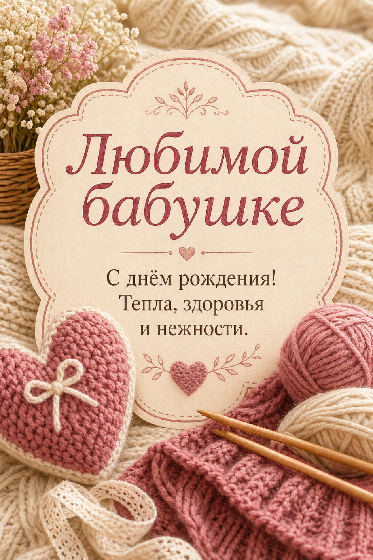Розовое вязаное сердечко, деревянные спицы и клубки ниток на кремовом трикотаже