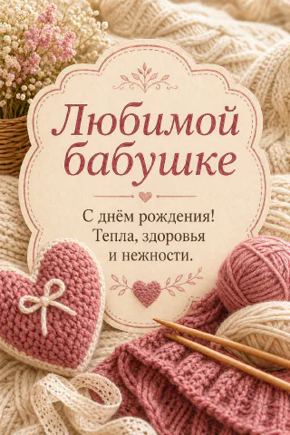 Розовое вязаное сердечко, деревянные спицы и клубки ниток на кремовом трикотаже