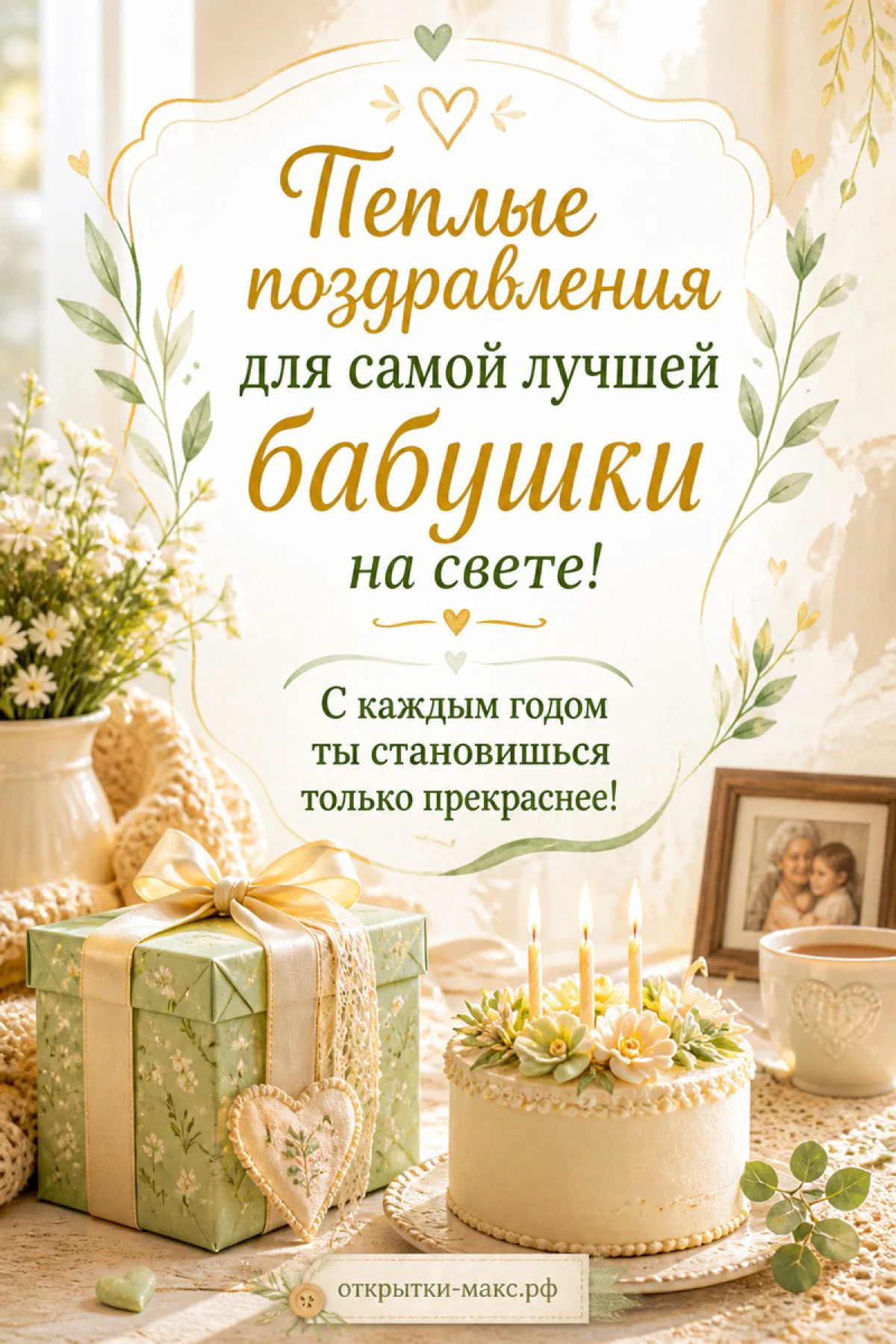 Торт со свечами и подарок в зелёной упаковке на светлом фоне — открытка с днём рождения бабушке