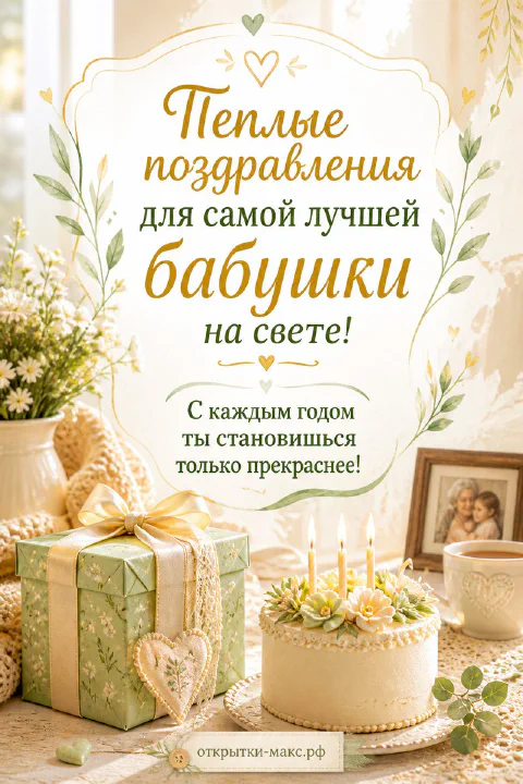Торт со свечами и подарок в зелёной упаковке на светлом фоне — открытка с днём рождения бабушке