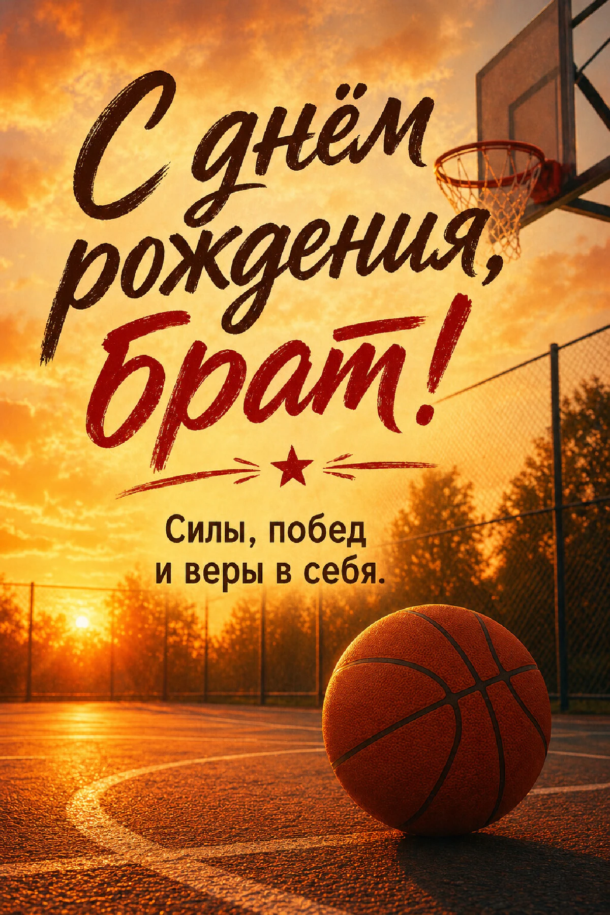 Баскетбольный мяч на площадке, баскетбольное кольцо и огненный закат
