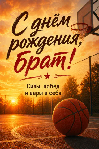 Баскетбольный мяч на площадке, баскетбольное кольцо и огненный закат