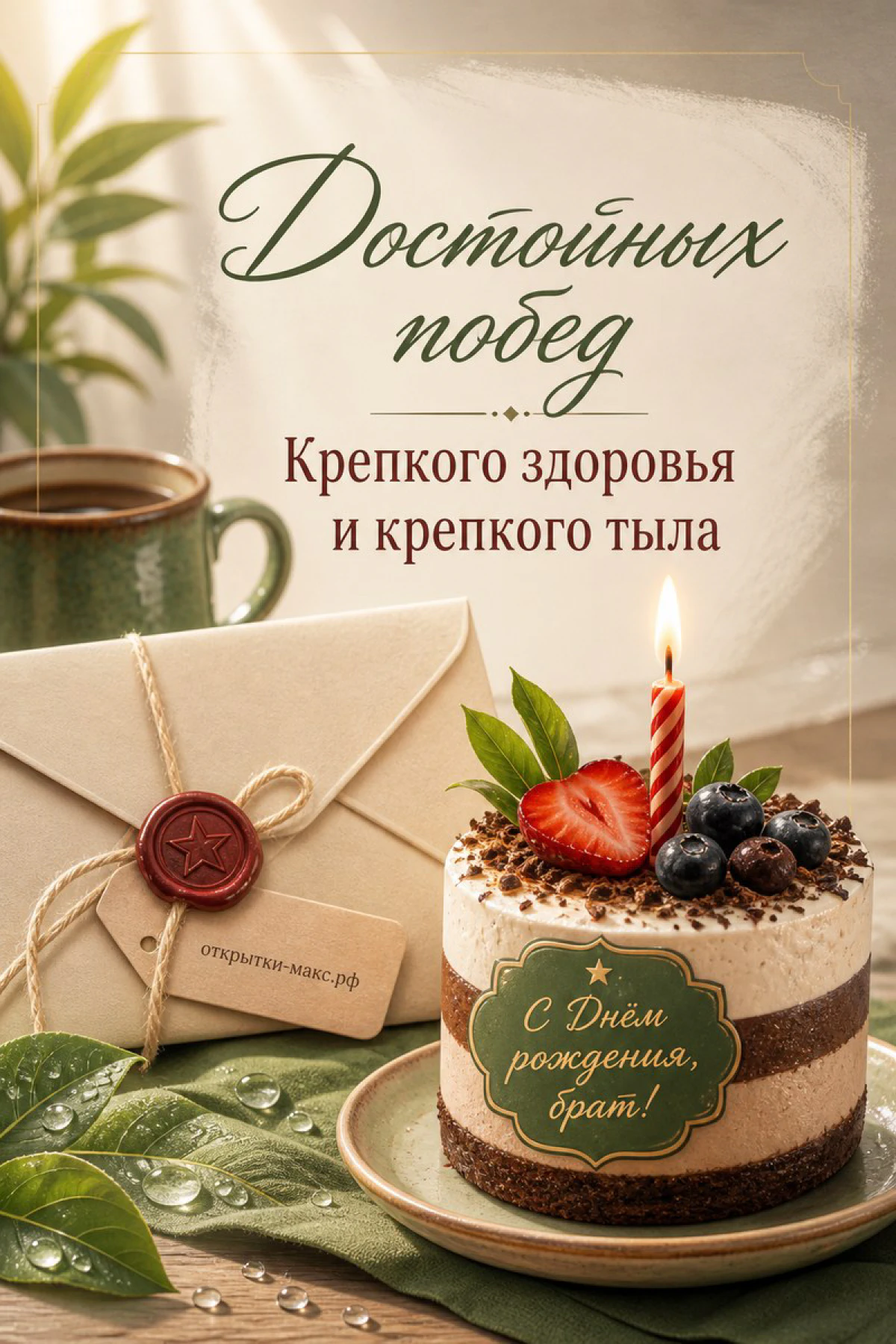 Торт с клубникой, черникой и свечой рядом с конвертом со звёздной печатью на мужской открытке брату