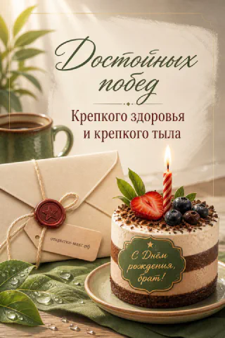 Торт с клубникой, черникой и свечой рядом с конвертом со звёздной печатью на мужской открытке брату