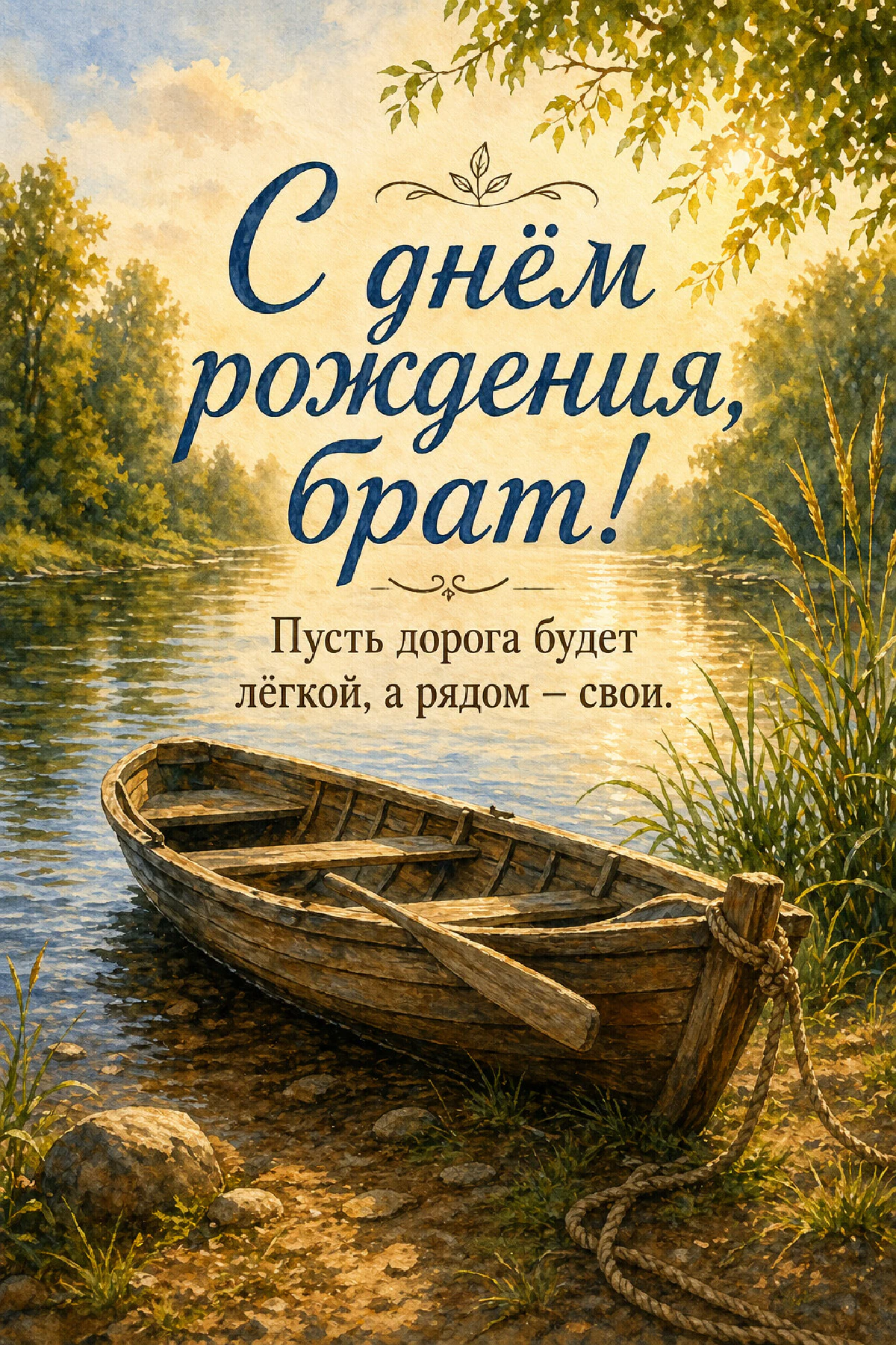 Деревянная лодка на берегу летней реки среди зелени