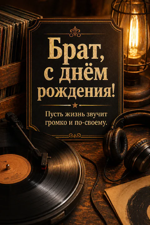 Виниловый проигрыватель, наушники и керосиновая лампа на деревянном столе