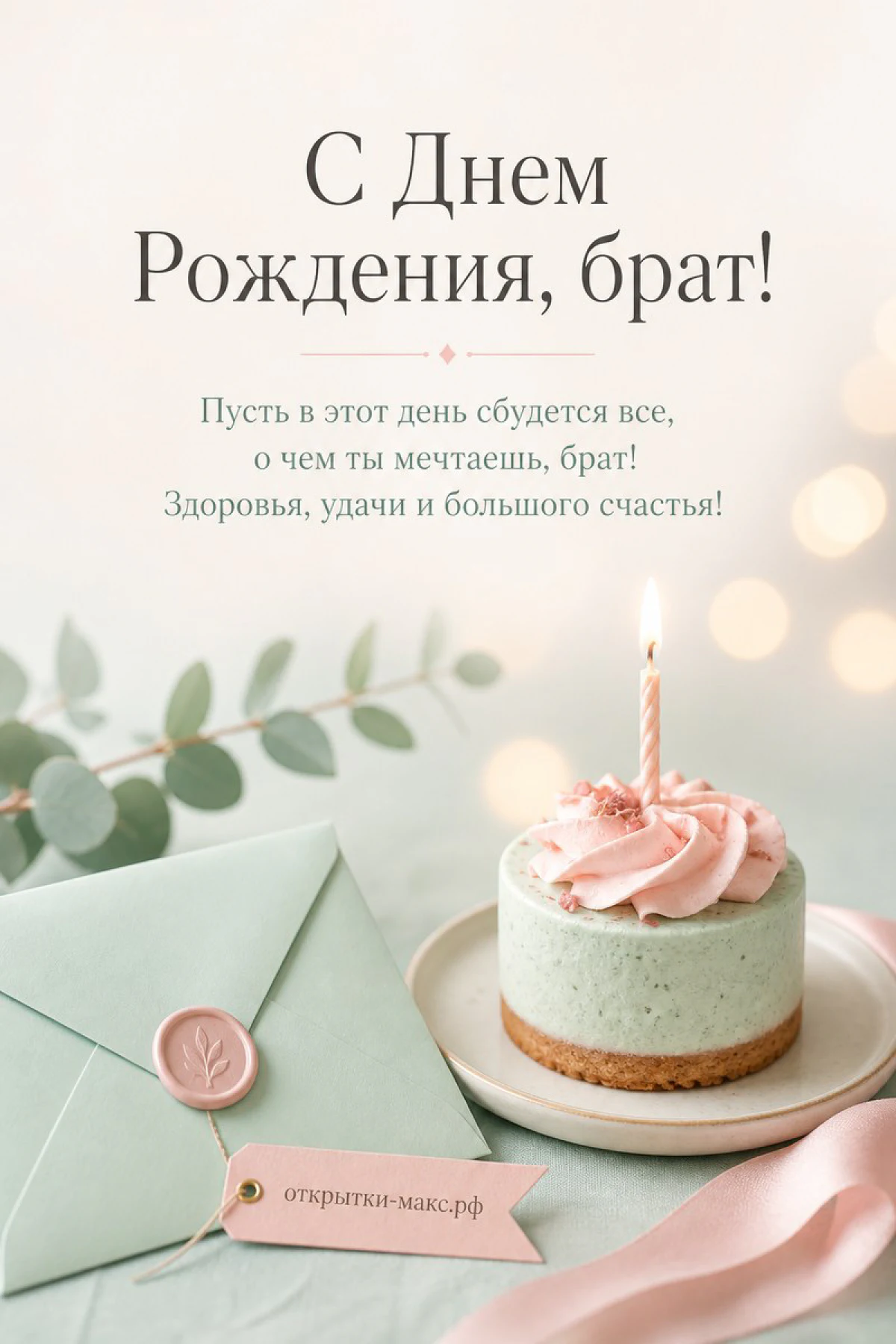 Мятно-зелёный торт с розочками и свечой рядом с зелёным конвертом на открытке брату ко дню рождения