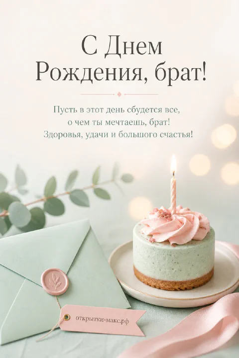 Мятно-зелёный торт с розочками и свечой рядом с зелёным конвертом на открытке брату ко дню рождения