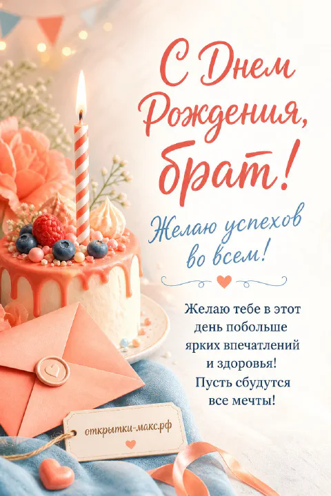 Персиковый торт с ягодами и высокой свечой рядом с конвертом на открытке ко дню рождения брата