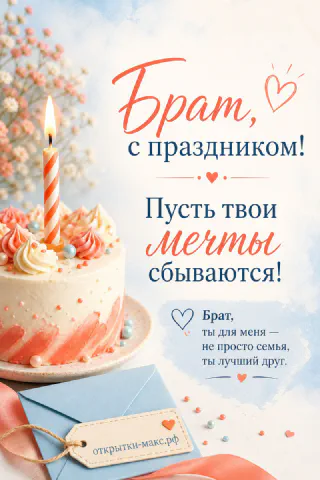 Персиковый торт со свечой и конверт с ленточкой на открытке брату с пожеланием сбывающихся мечт