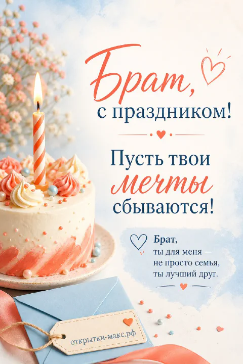Персиковый торт со свечой и конверт с ленточкой на открытке брату с пожеланием сбывающихся мечт
