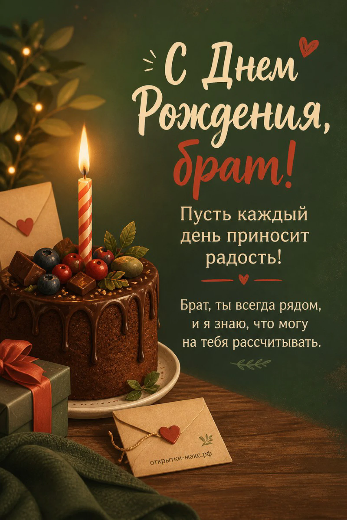 Шоколадный торт с фруктами и свечой в тёмно-зелёном интерьере на открытке брату ко дню рождения