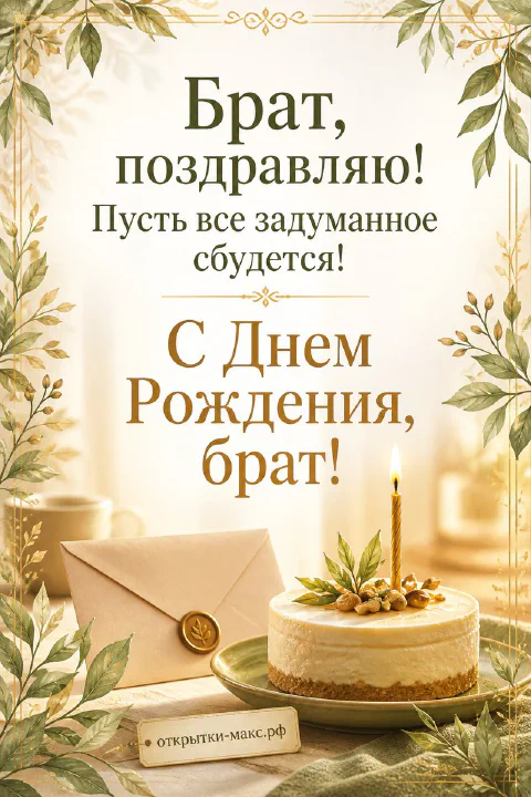Открытка брату на день рождения с тортом со свечой и конвертом на фоне зелёных листьев