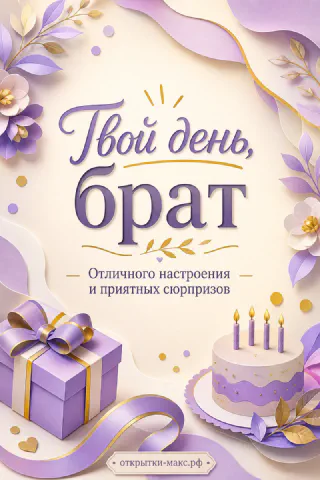 Сиреневая открытка с тортом со свечами, подарочной коробкой и бумажными цветами для брата на день рождения