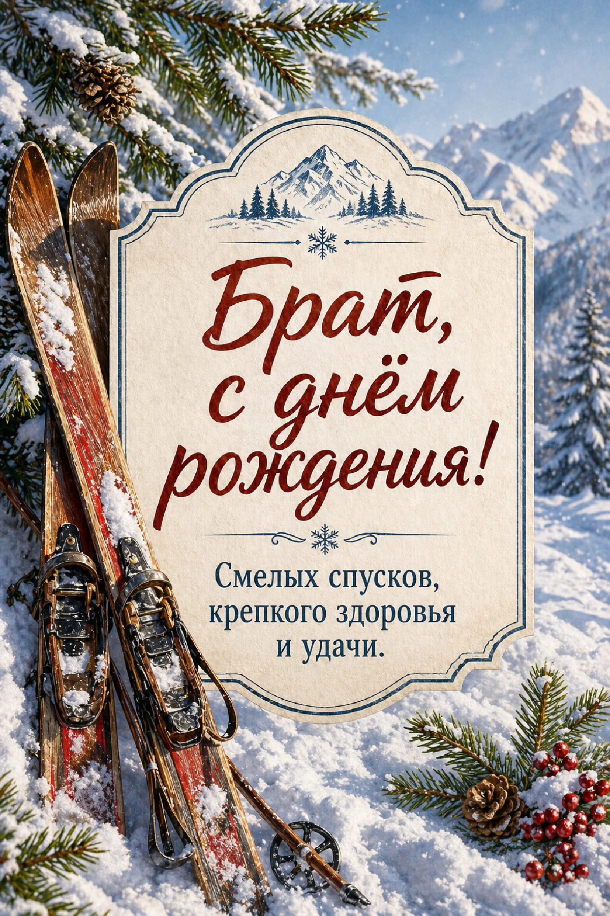 Деревянные лыжи в снегу рядом с заснеженной елью и горами