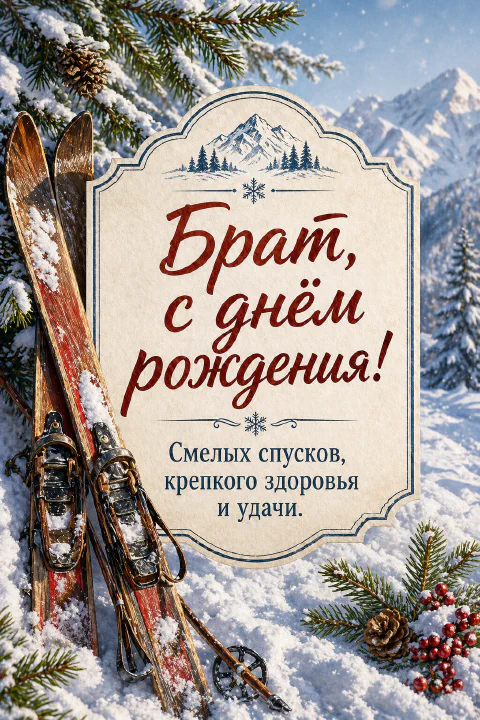 Деревянные лыжи в снегу рядом с заснеженной елью и горами