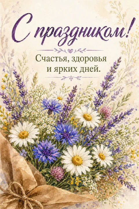 Акварельный букет из ромашек, лаванды и васильков в крафтовой обёртке