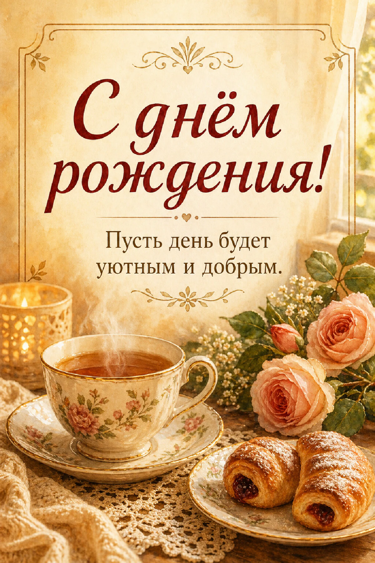Фарфоровая чашка с дымящимся чаем, круассаны и персиковые розы на кружевной скатерти