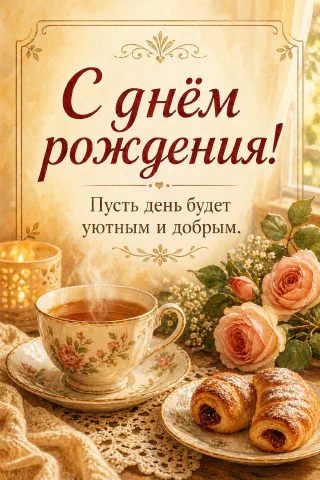 Фарфоровая чашка с дымящимся чаем, круассаны и персиковые розы на кружевной скатерти