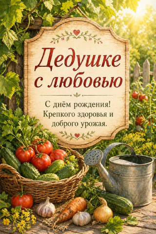 Плетёная корзина с томатами, огурцами и зеленью в летнем огороде с лейкой