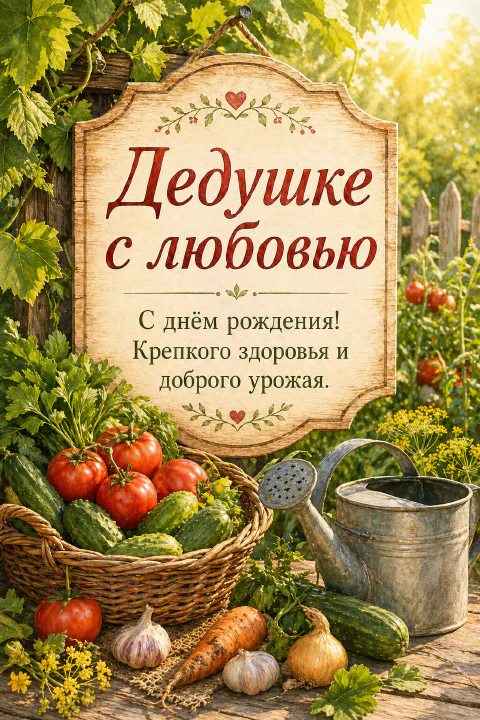 Плетёная корзина с томатами, огурцами и зеленью в летнем огороде с лейкой