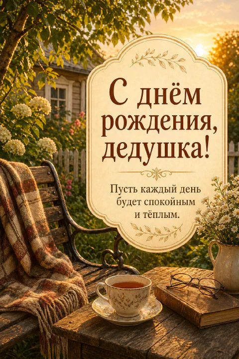 Деревянная садовая скамейка с клетчатым пледом, чашкой чая и книгой на закате