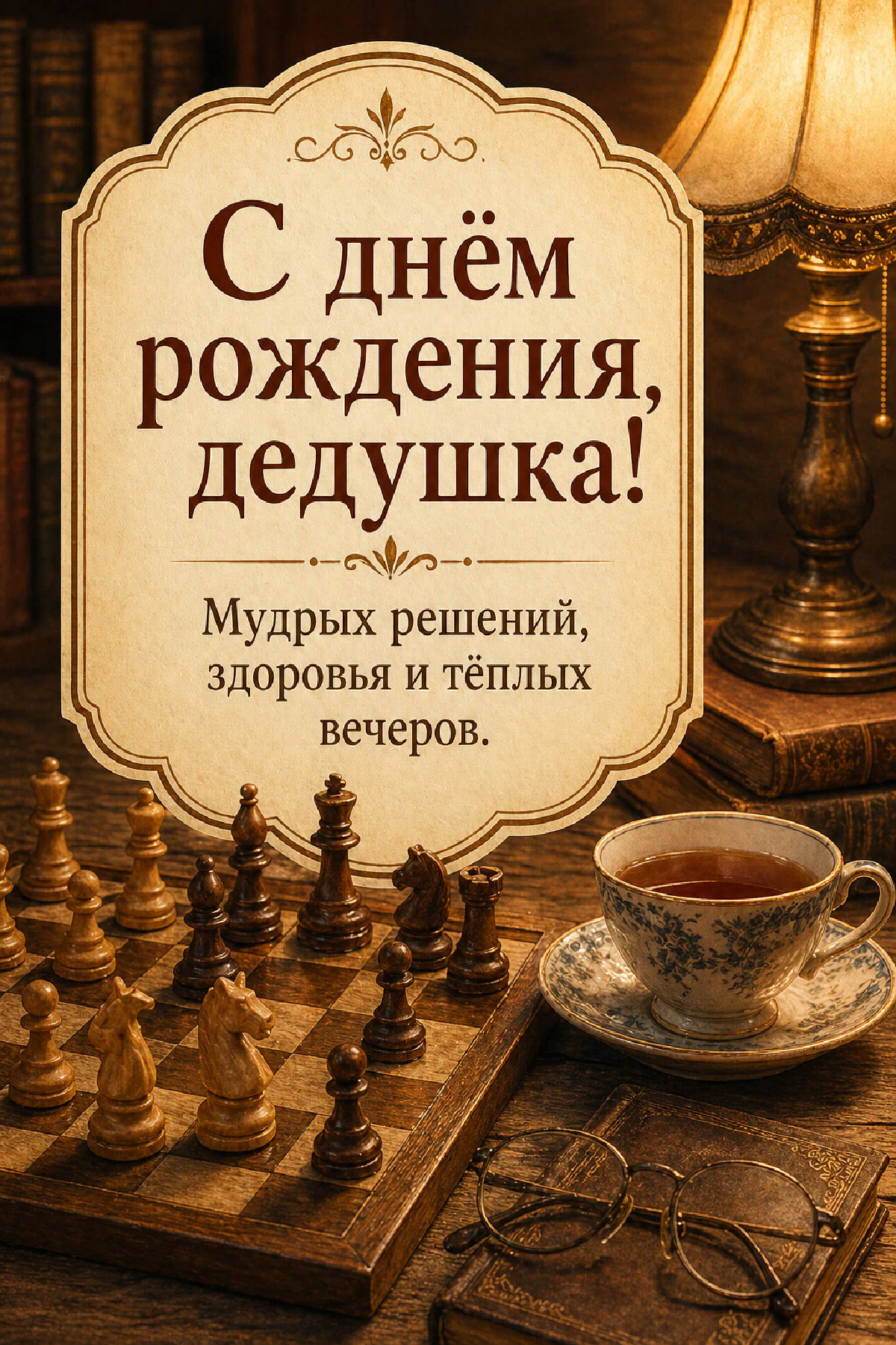 Шахматная доска с фигурами, чашка чая и настольная лампа на деревянном столе