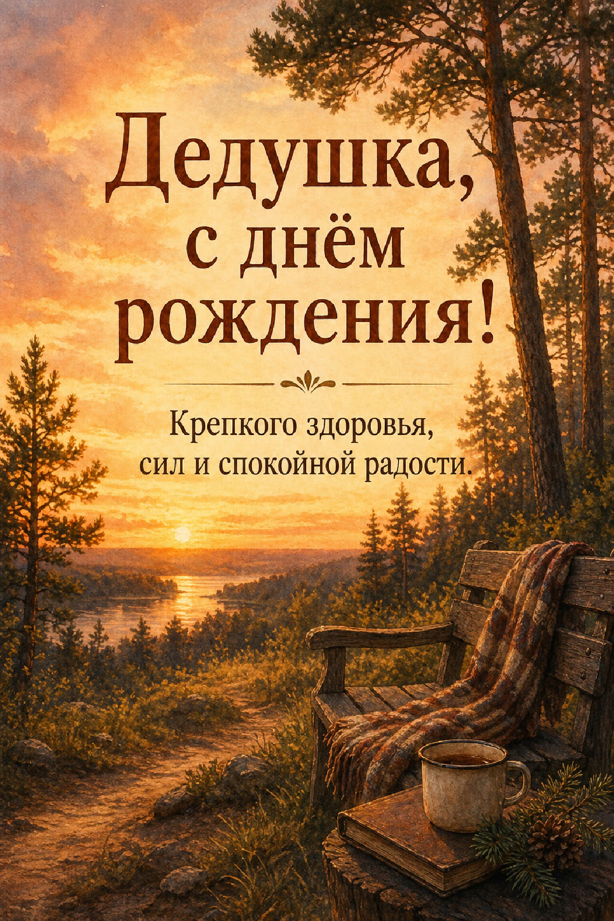 Деревянная скамейка с кружкой и пледом у сосен на фоне закатного неба над рекой