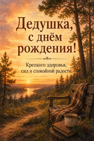 Деревянная скамейка с кружкой и пледом у сосен на фоне закатного неба над рекой