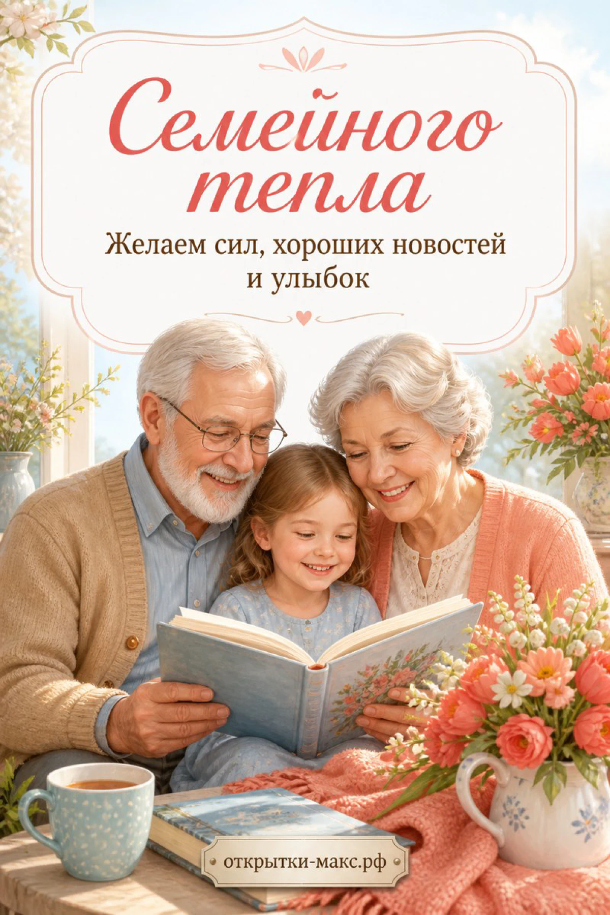 Дедушка и бабушка с внучкой читают книгу за столом с цветами и чашкой чая