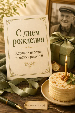 Торт с орехами и свечой рядом с подарком, наручными часами, ручкой и старинной фотографией пожилого мужчины