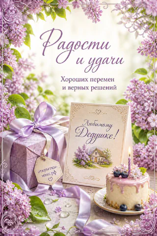 Подарок с фиолетовой лентой и торт со свечой среди цветущей сирени на светлом фоне