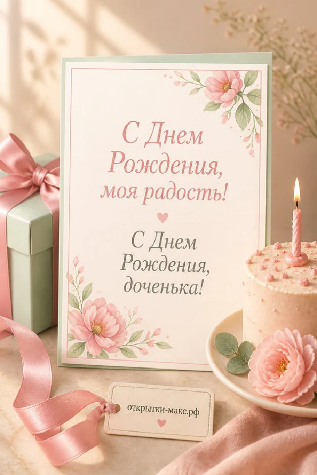 Розовый торт с розой и свечой, коробка с подарком в атласной ленте и розы на бежевом фоне с надписью С Днём Рождения доченька — вариант 2