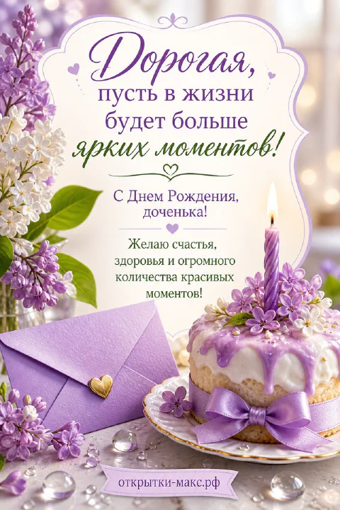 Открытка «С днём рождения, доченька!» с тортом в лиловой глазури, цветами сирени и конвертом с золотым сердечком