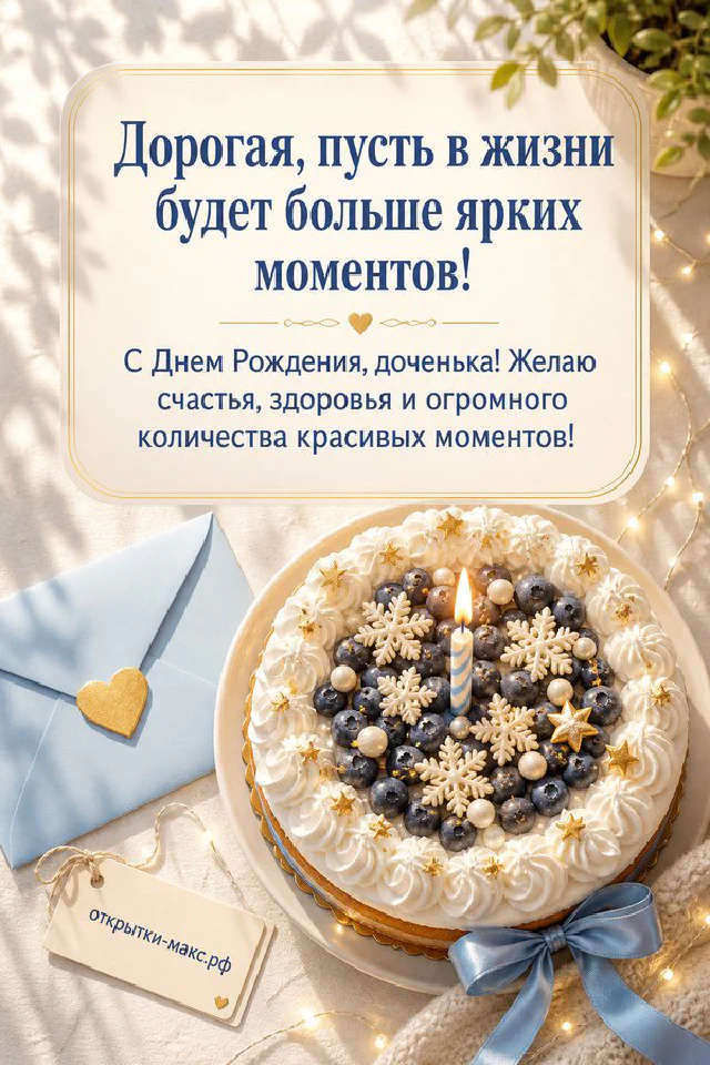 Открытка «С днём рождения, доченька!» с тортом в лиловой глазури, цветами сирени и конвертом с золотым сердечком — вариант 2