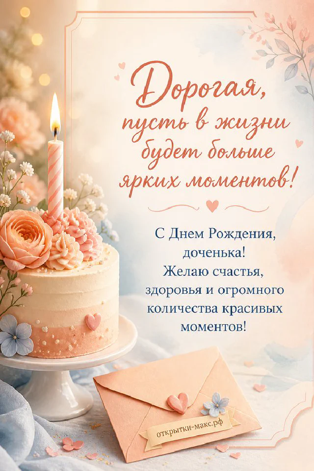 Открытка «С днём рождения, доченька!» с тортом в лиловой глазури, цветами сирени и конвертом с золотым сердечком — вариант 3