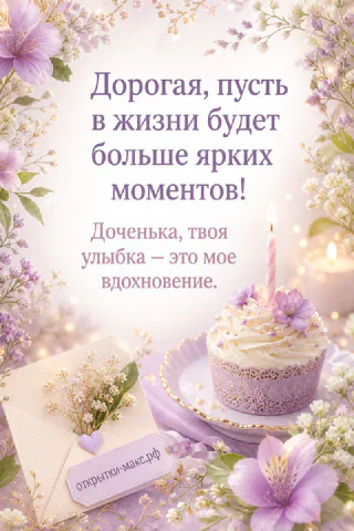 Лиловое пирожное со свечой и нежные цветы на открытке с днём рождения дочери