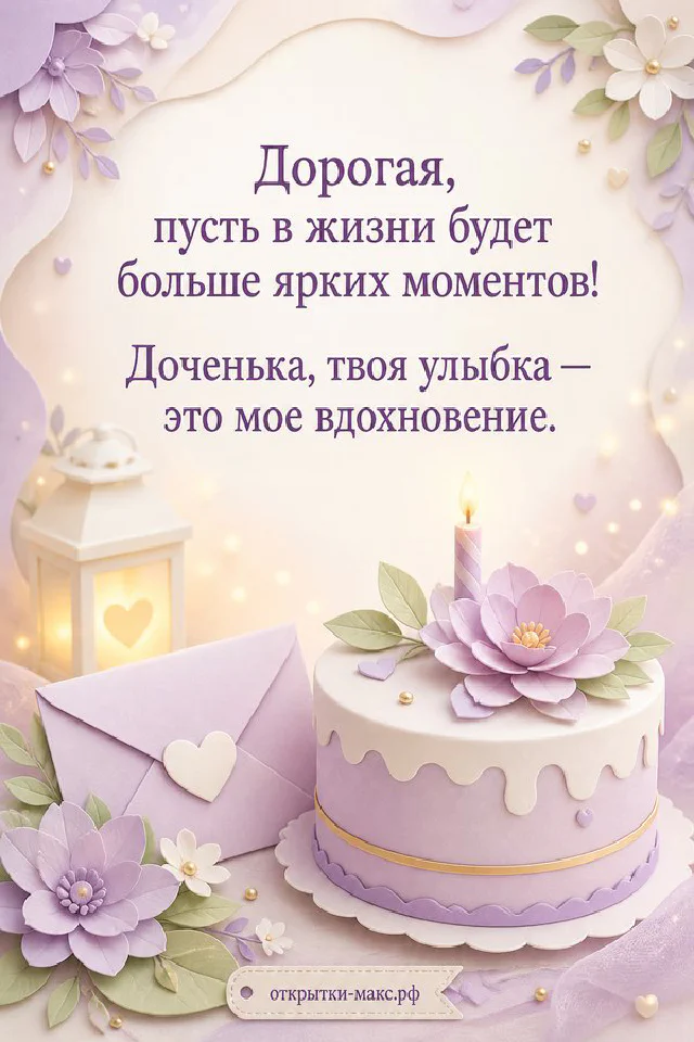 Лиловое пирожное со свечой и нежные цветы на открытке с днём рождения дочери — вариант 3